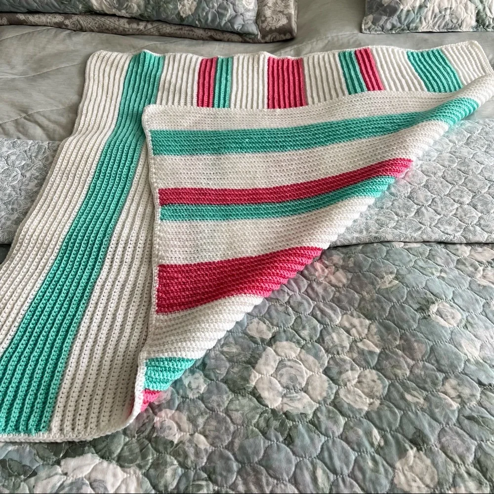 Afghan Blanket Throw Crochet Handmade Pastel Pink White Green Baby Blanket
